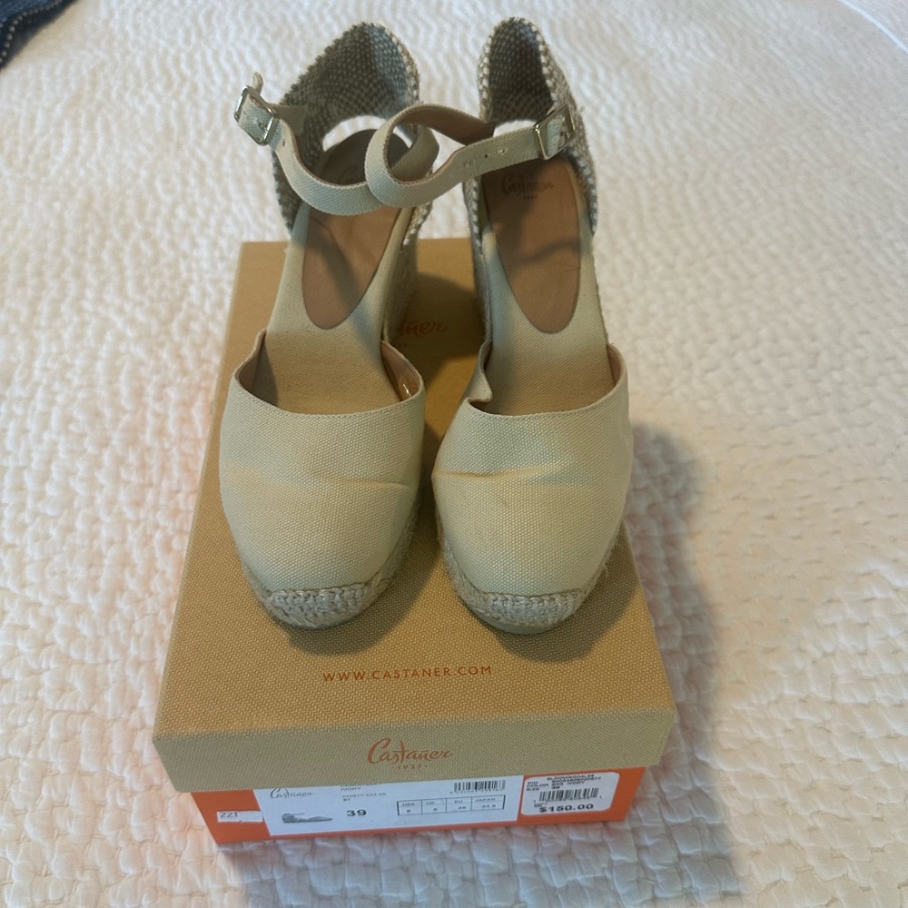 Castaner Cream Canvas Espadrille Wedge Sandals with Ankle Strap